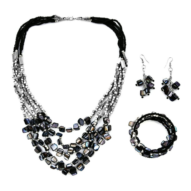 Bead Rope Necklace Dangle Drop Earring Jewellery Set Fab 17" Chunky Pearl Look 